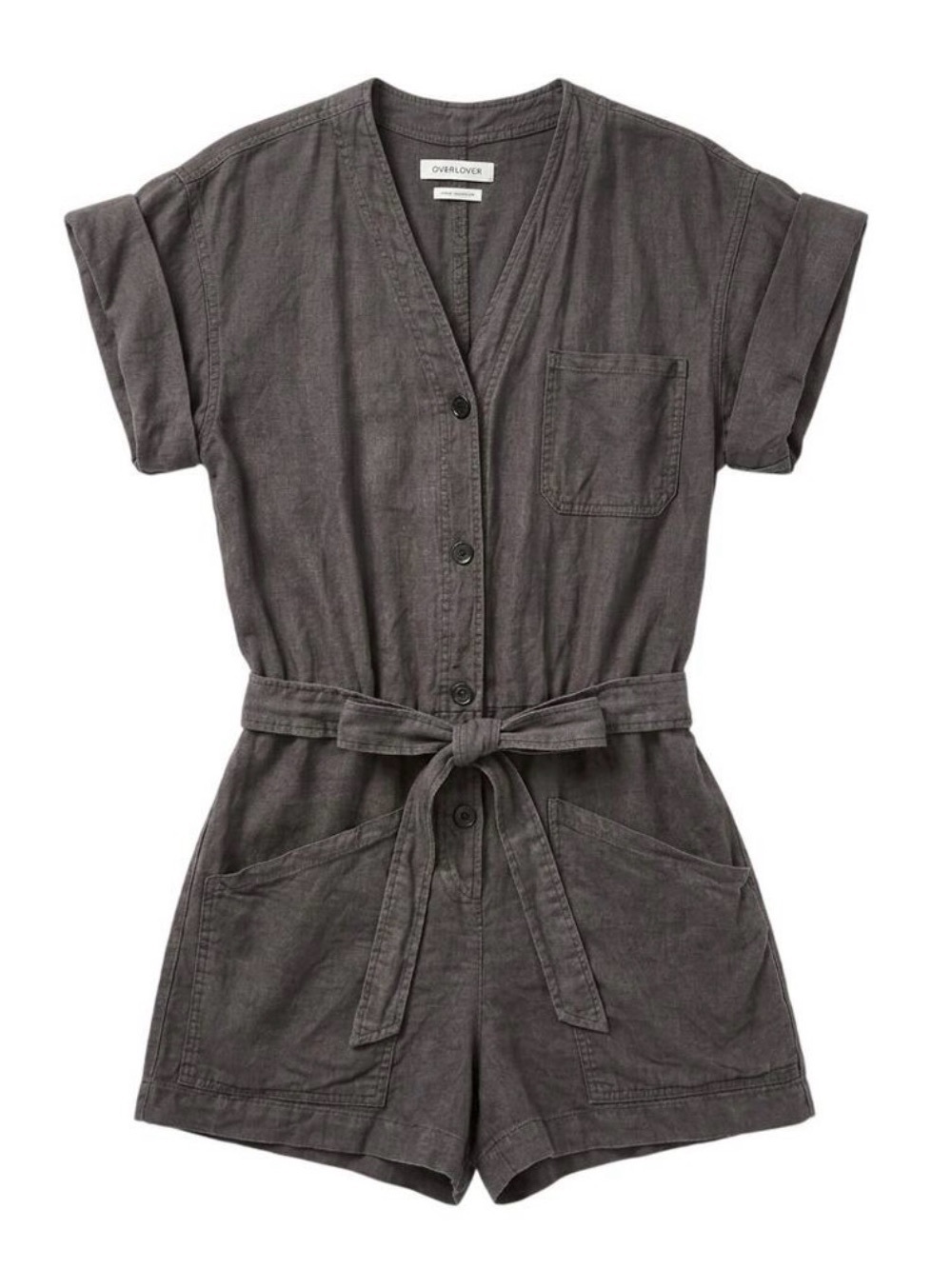 OVERLOVER grey lightweight classic quiet luxury linen romper S